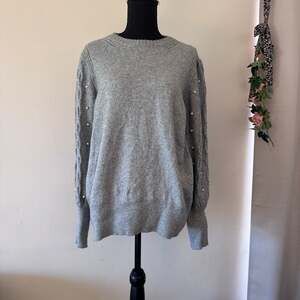 Liz Claiborne Gray Pearl Embellished Mock Neck Pullover Sweater